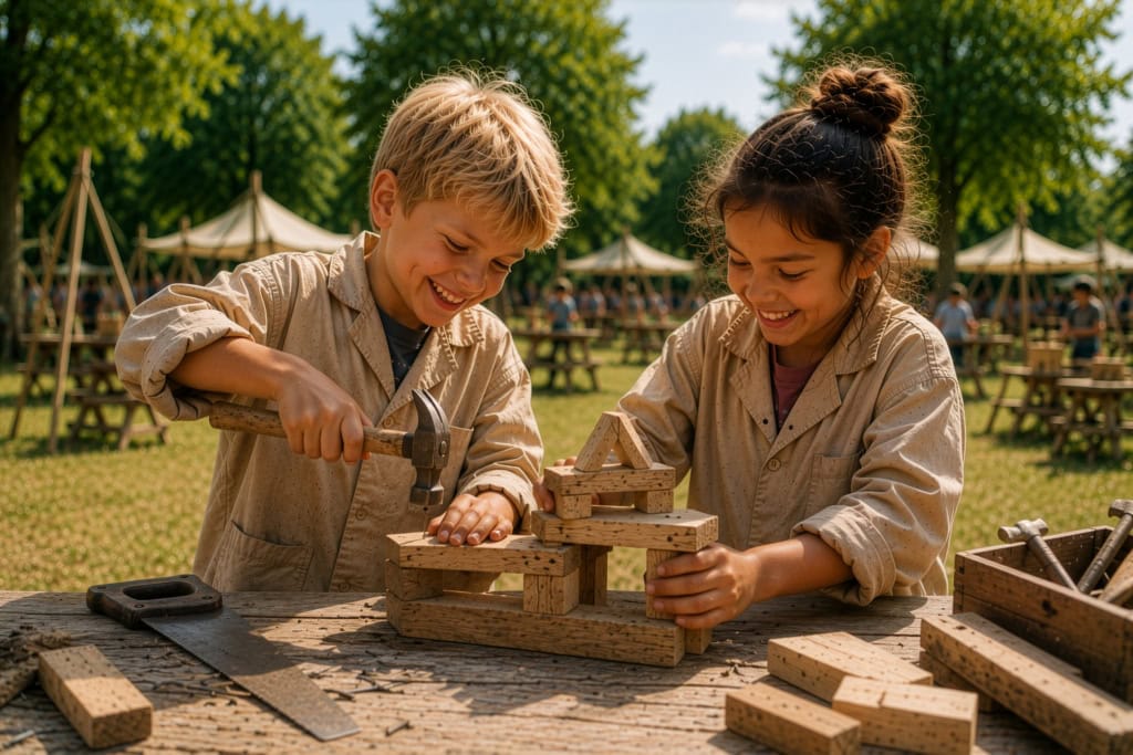 Jongen en meisje timmeren van hout een monument.